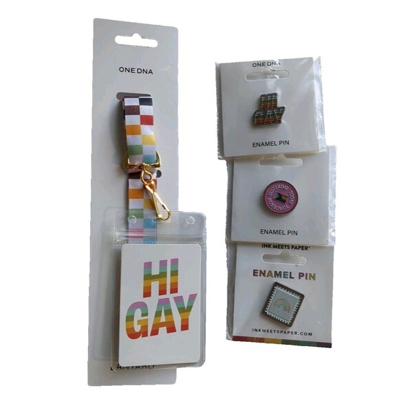 New Set Ink Meets Paper Enamel Pin Set & Card Holder Lanyard Gay Pride Rainbow - Picture 1 of 7